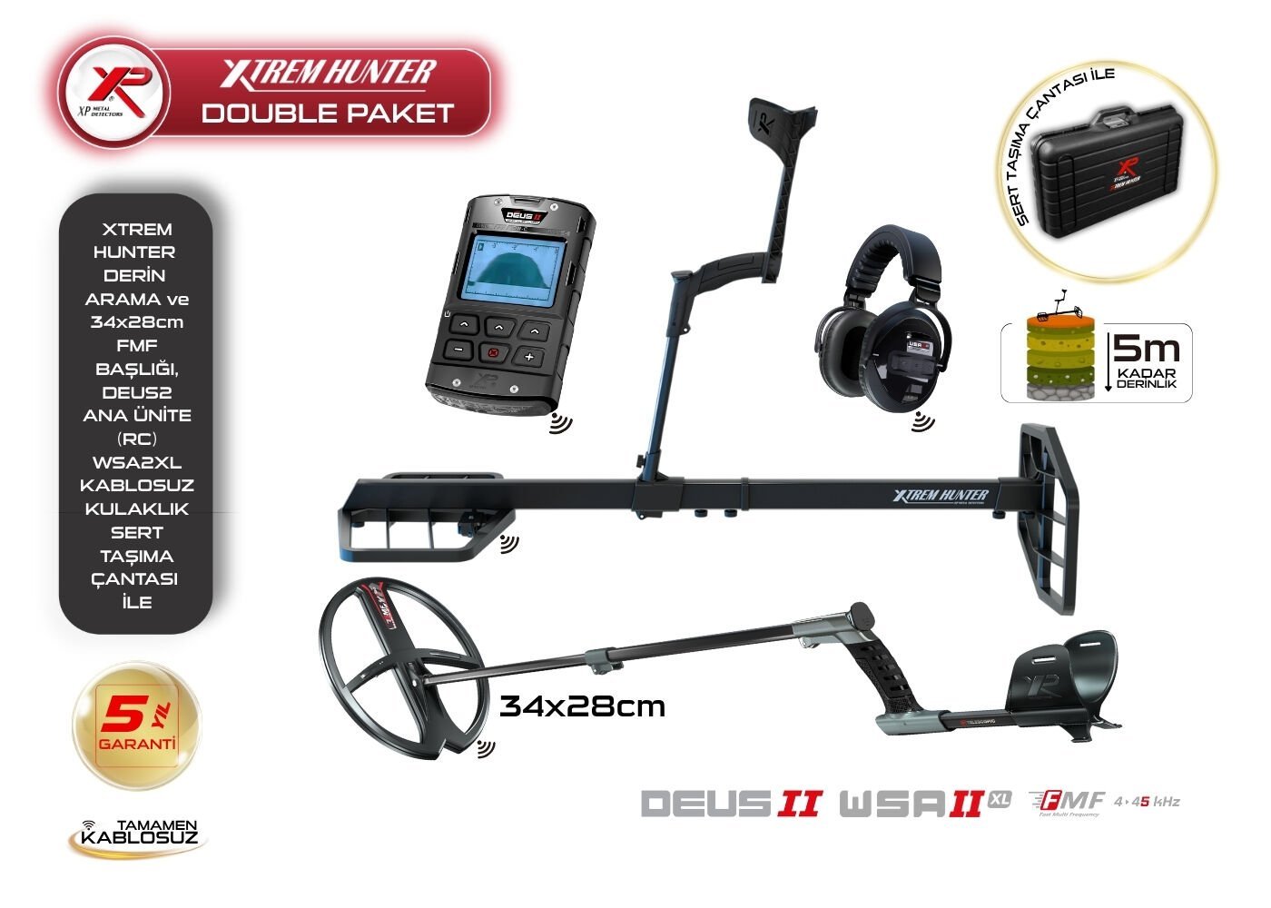 XP Xtrem Hunter Dedektör - 34cm FMF Başlık, DEUS 2 RC ve WSA2XL Kulaklık (Double Paket)