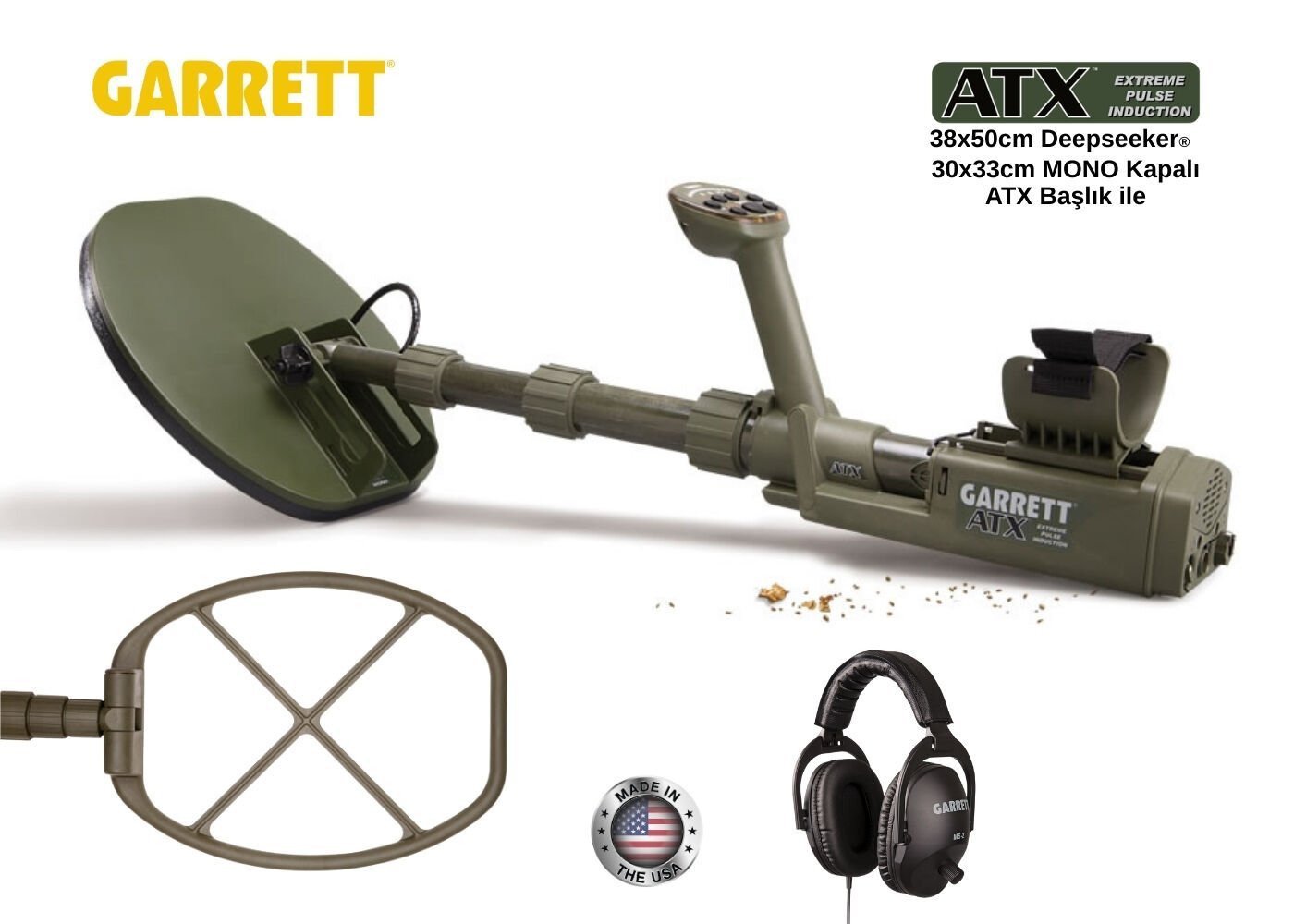 Garrett ATX Deepseeker Dedektör - 50 cm (20”) Deepseeker ve 28x33 cm (11''x13'') Kapalı MONO Başlık