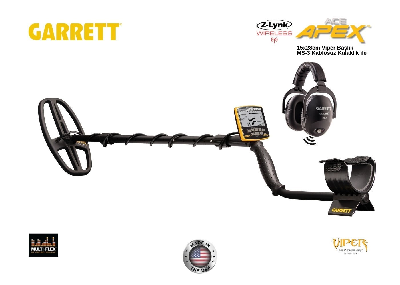 Garrett ACE Apex Dedektör (6''X11'' DD Multi-Flex™ VİPER Başlık ve MS-3 Kablosuz Kulaklık İle)