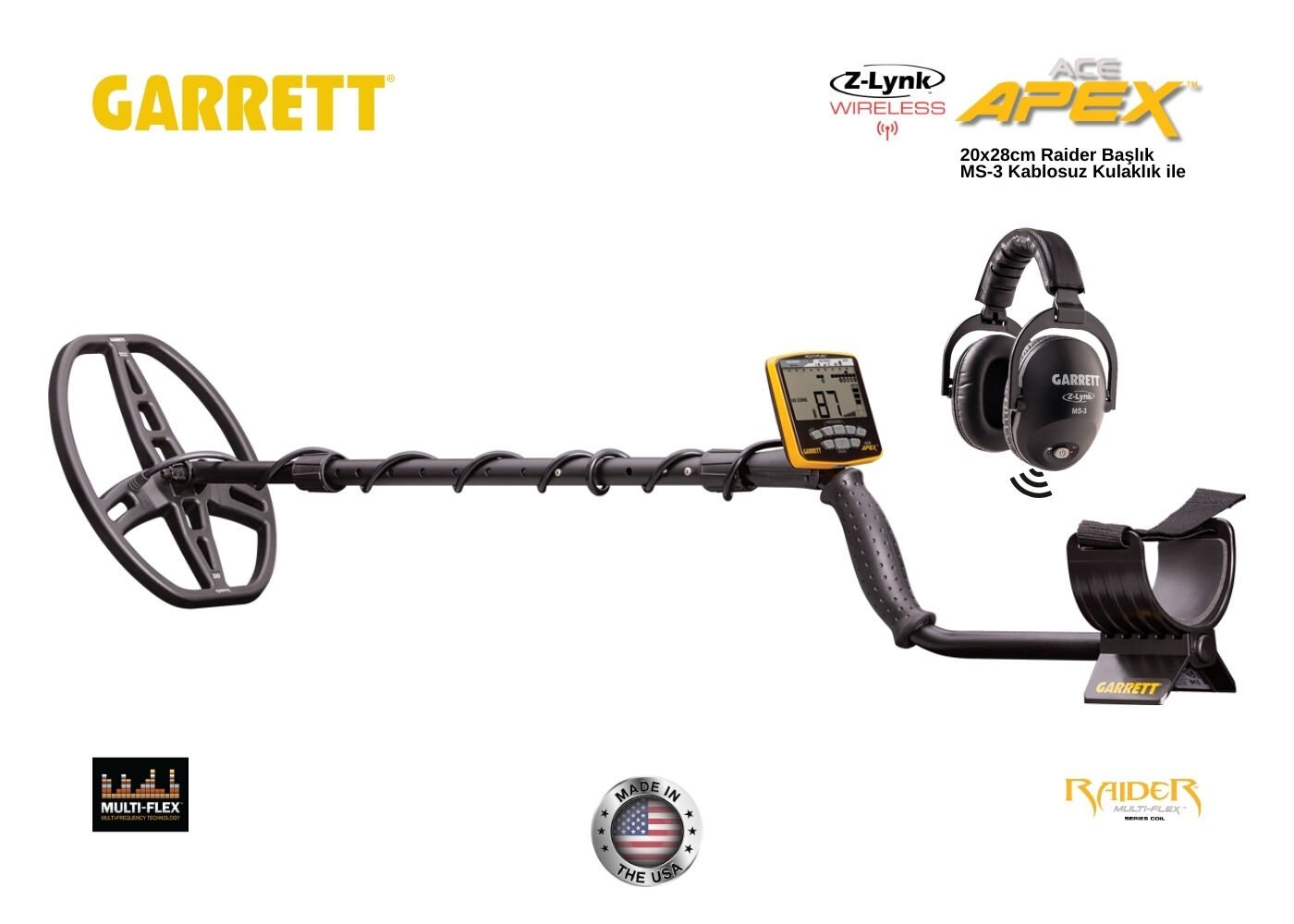 Garrett ACE Apex Dedektör (8.5''X11'' DD Multi-Flex™ RAIDER Başlık ve MS-3 Kablosuz Kulaklık ile)