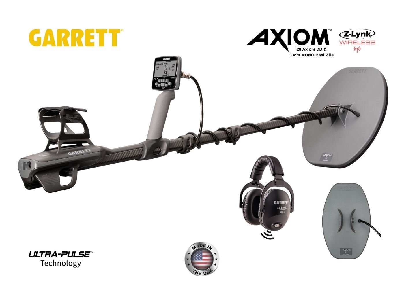 Garrett Axiom Dedektör 13x11” (33x28 cm) DD-FC+ 11x7” (28x18 cm) Mono Başlık + MS-3 Kablosuz Kulaklık